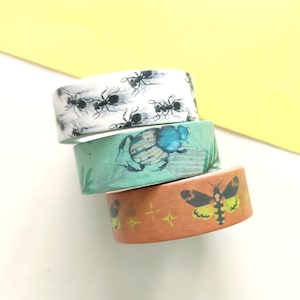 Set of 3 washi tapes with insects, three designs in one set, three rolls - moth, ant and beetle