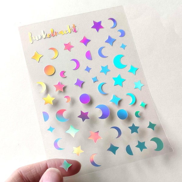 Holographic Moon and  Stars Sticker Sheet - Sparkling Moon & Stars Holo Stickers - Christmas Holographic Star Stickers