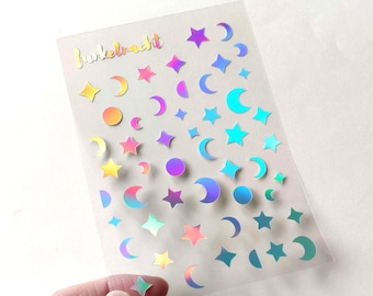 Holographic Moon and  Stars Sticker Sheet - Sparkling Moon & Stars Holo Stickers - Christmas Holographic Star Stickers