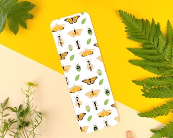 Lesezeichen mit Insektenmuster, Entomologie Motiv mit Insekten, Schmetterlingen, Heuschrecke und Ameise