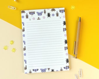 Notepad in A5 with insects, bugs and flowers, pastel colors - writing pad, letter pad