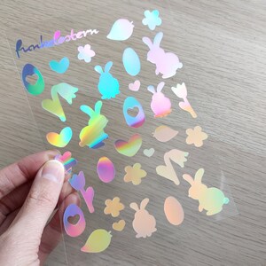 Holografische Oster Sticker Sheet - Funkelostern Holo Sticker - frühling holografisch Aufkleber mit Hase, Blume, Küken, Osterei und Herz