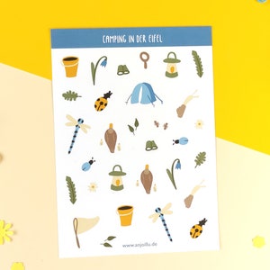 Sticker Bogen mit süßen Camping Motiven, Natur motive, insekten, Tiere, Pflanzen