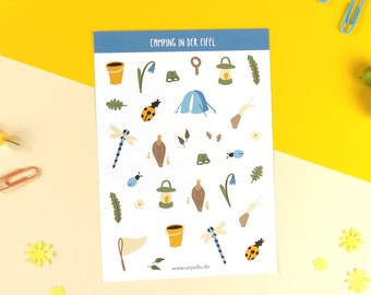 Sticker sheet with cute camping design, nature drawings, insects, animals, plants