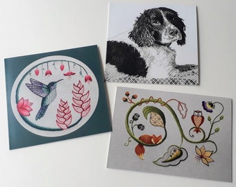 Pack of 3 greeting cards, Embroidered animal art greeting card, Blank inside art card bundle