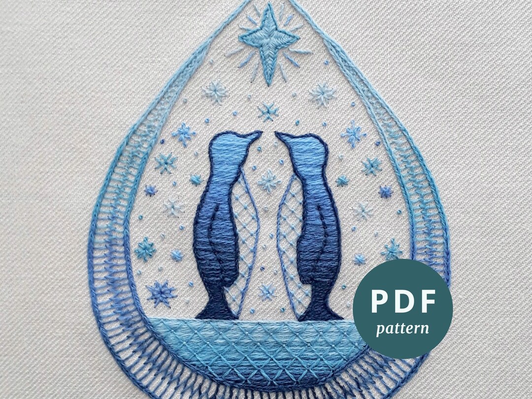 Penguins Crewel Embroidery PDF Pattern, DIY Christmas Embroidery