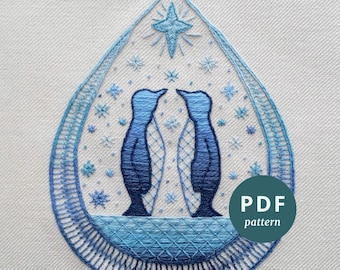 Penguins crewel embroidery PDF pattern, DIY Christmas embroidery ornament digital pattern, Crewelwork embroidery pattern