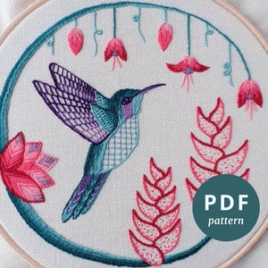 Patrón PDF de bordado de tripulación de colibrí, descarga instantánea de colorido arte de aro diy, tutorial de costura de colibrí de bordado de Elara