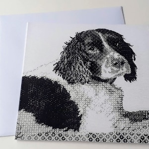 Carte de voeux de broderie blackwork Springer spaniel, carte d'art portrait de chien, carte d'anniversaire pour amoureux des chiens, carte d'art vierge pour toute occasion