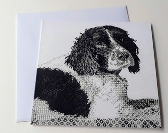Springer spaniel blackwork embroidery greeting card, Dog portrait art card, Birthday card for dog lover, Blank art card for any occasion