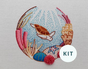 Turtle and coral reef crewelwork embroidery kit, Turtle embroidery kit, Elara Embroidery DIY coral reef hoop art kit with wool thread