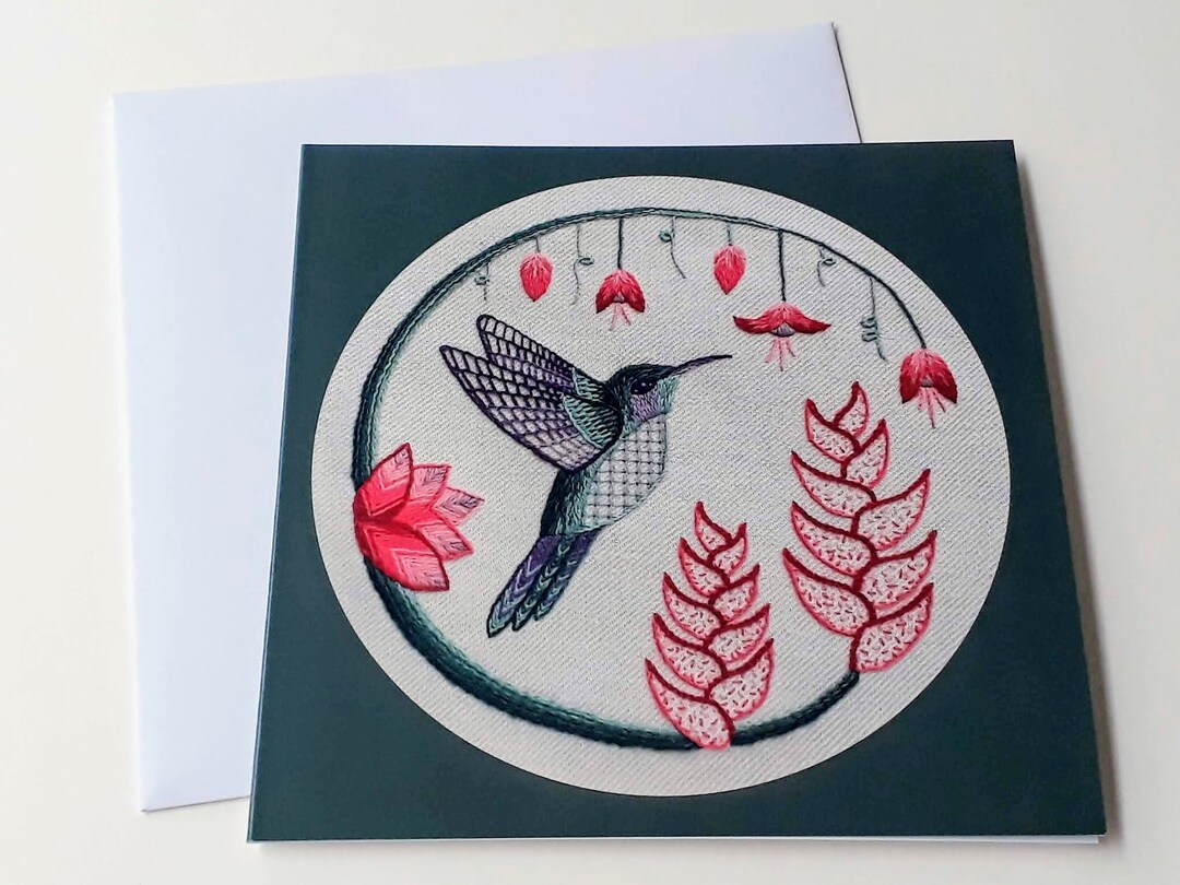 Hummingbird Greeting Card, Hummingbird Embroidery Art Card, Birthday ...