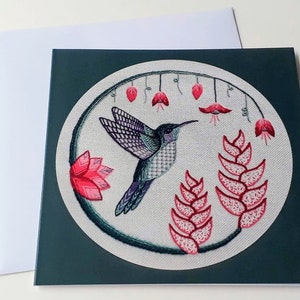 Carte de voeux colibri, carte d'art broderie colibri, carte d'anniversaire pour fan de colibri, carte d'art vierge pour amateur de colibri