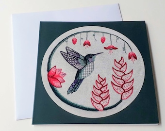 Hummingbird greeting card, Hummingbird embroidery art card, Birthday card for hummingbird fan, Blank art card for hummingbird lover