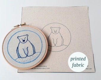 Bear printed fabric for embroidery, Polar bear DIY hoop art design, Stitch your own cute bear embroidery