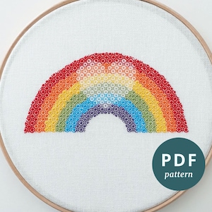 Blackwork rainbow embroidery PDF pattern, Rainbow heart DIY hoop art, Modern blackwork for beginners, Instant download stitching tutorial