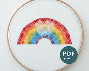 Blackwork rainbow embroidery PDF pattern, Rainbow heart DIY hoop art, Modern blackwork for beginners, Instant download stitching tutorial