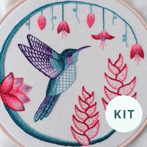 Hummingbird embroidery kit with crewel wool thread, Modern crewel embroidery kit, Elara Embroidery DIY crewelwork bird