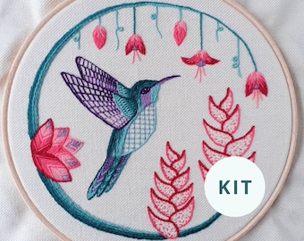 Hummingbird embroidery kit with crewel wool thread, Modern crewel embroidery kit, Elara Embroidery DIY crewelwork bird