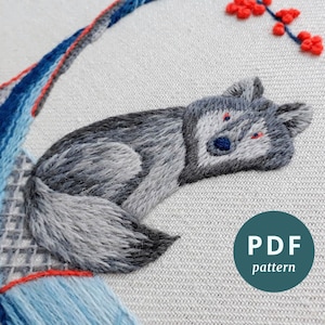 Wolf crewel borduurwerk PDF patroon, DIY hoepel kunst digitale download, Elara Borduur crewelwork wolf, Zijde schaduw stiksel tutorial
