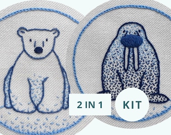 Polar bear and Walrus embroidery kit, Crewel embroidery for beginners, DIY hoop art for beginners, Cute stitching craft kit with tutorial