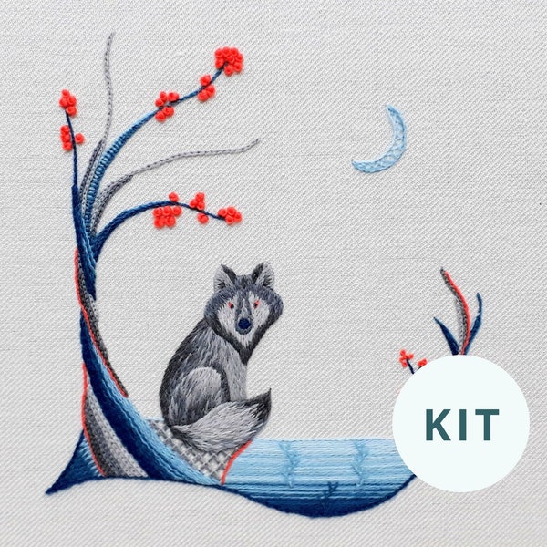 Kit da ricamo Wolf crewelwork, kit da ricamo per ombreggiatura di seta Wolf e tutorial di cucitura, kit artistico Elara Embroidery fai da te con filo di lana