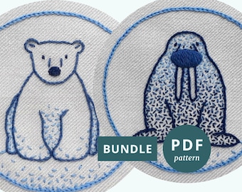 Polar bear and walrus embroidery patterns PDF, Instant download bear embroidery pattern, Beginners crewel embroidery pattern