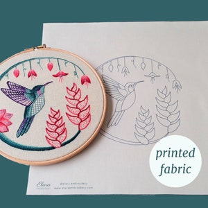 Hummingbird printed fabric design for embroidery, DIY hoop art outline on fabric, Stitch your own Elara Embroidery hummingbird pattern