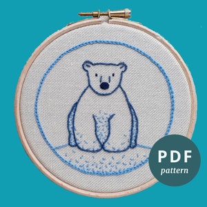 Polar bear embroidery pattern instant download, Beginners crewel embroidery PDF pattern, Elara Embroidery polar bear pattern
