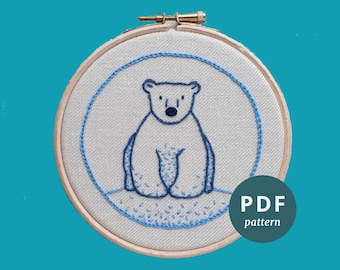 Polar bear embroidery pattern instant download, Beginners crewel embroidery PDF pattern, Elara Embroidery polar bear pattern