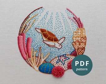 Turtle and coral crewel embroidery PDF pattern, Modern embroidery pattern, Elara Embroidery crewelwork turtle, Hoop art stitching tutorial