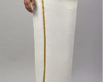 Dhoti con bordo in zari in cotone per uomo dell'India meridionale