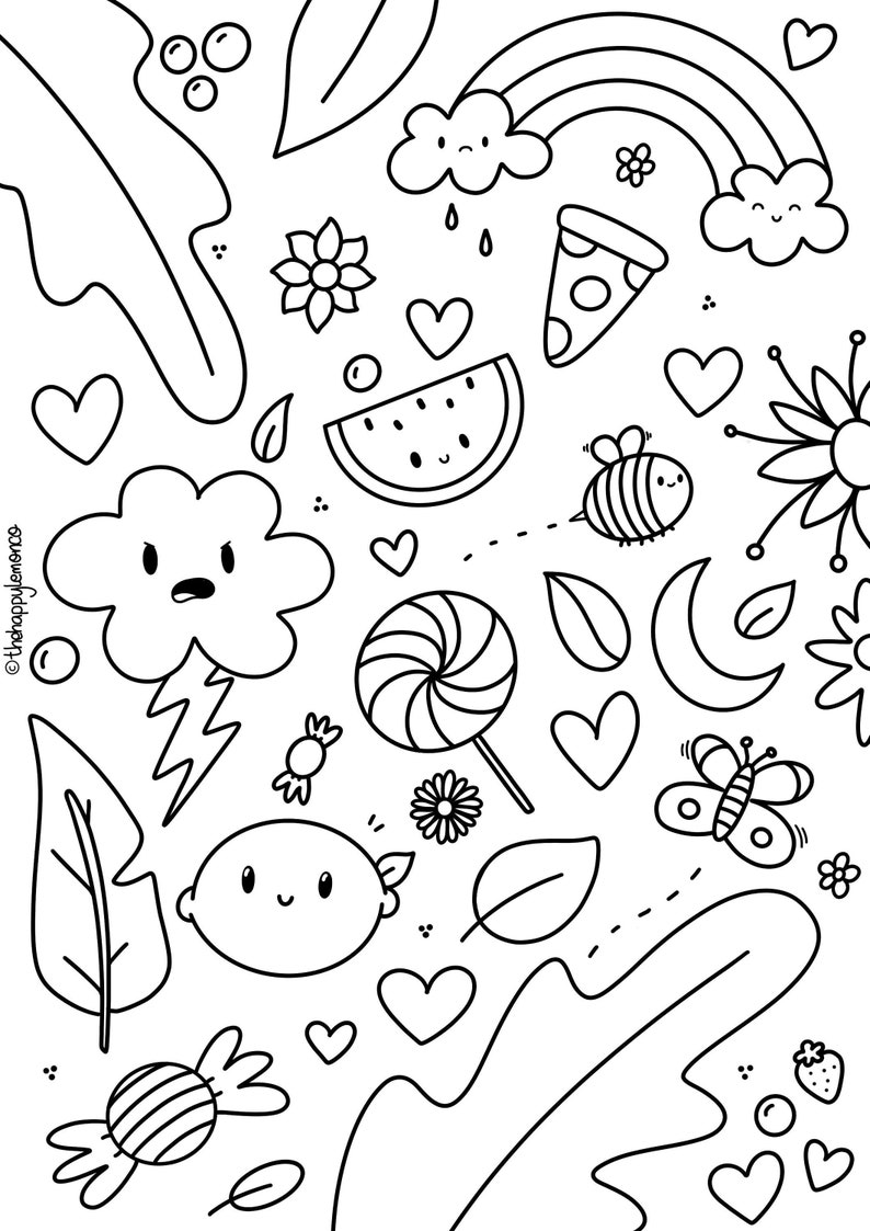 Random Doodles Colouring Page Digital Colouring Kawaii Etsy