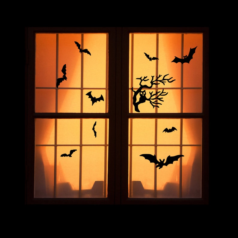 Reusable Halloween Window Clings Owl on Branch With Bats Etsy