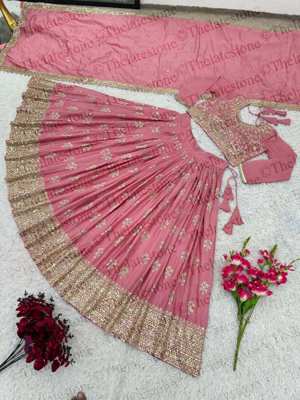 Indian Pink Lehenga Choli With Zari Dori and Sequence Work Blouse With