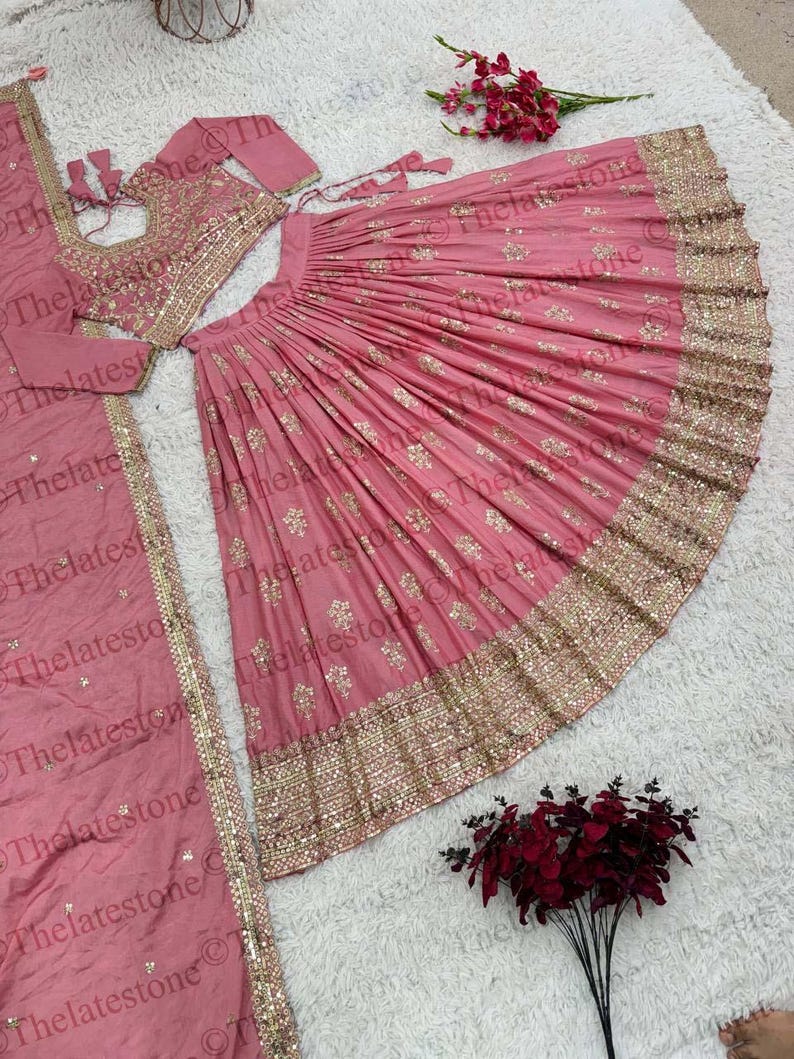 Indian Pink Lehenga Choli With Zari Dori and Sequence Work Blouse With
