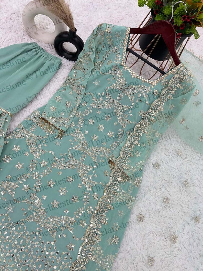 Mint Green Indian Suit With Dupatta and Embroidery Sequence