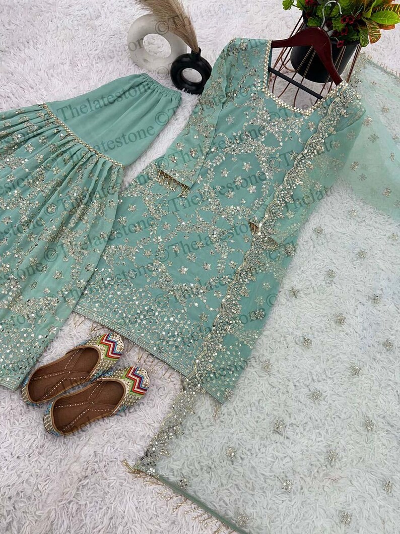 Mint Green Indian Suit With Dupatta and Embroidery Sequence