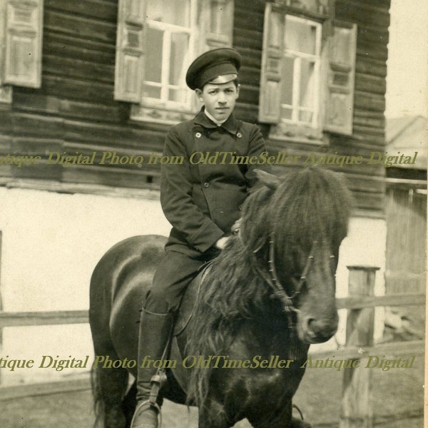 1900s.Portrait Boy on a Horse.Rider.Vintage Digital Photo.Instant Download.Antique Photo.Black White Photo.Tsarist of Russia.Photo Young Men
