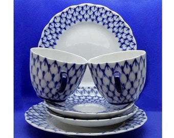 Vintage Lomonosov Kaffee Tee Set 2 tlg Kaffeetasse & Untertasse und Dessert Teller. Gitter kobaltblau.Lomonosov Porzellanmanufaktur.LFZ handbemalt