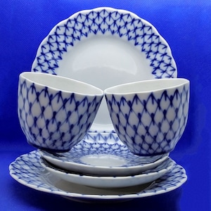 Vintage Lomonosov Coffee Tea Set 2 pcs Coffee Cup & Saucer and Dessert plates. Grid cobalt blue.Lomonosov Porcelain Factory.LFZ hand painted