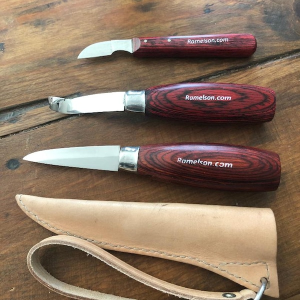 Wood Carving Tools Kit | Sloyd, Hook, Chip Knives | Hardwood Handle| Leather Sheath Included