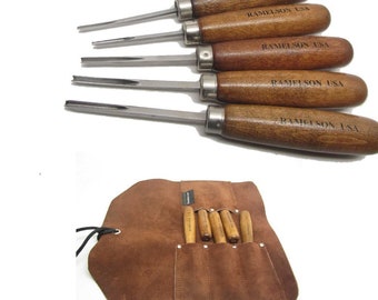 Gunstock Gunsmith Woodcarving V & U Chisel Carving Set for Checkering and Restoration (5 Piece with Leather Tool Roll Holder)