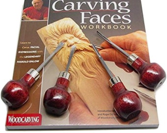 Enlow Carving Faces Workbook & 4pc Woodcarving Tool Set Customized by Harold Enlow for RAMELSON USA