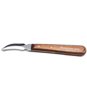 May include: A curved, stainless steel grafting knife with a wooden handle. The handle is brown with a darker wood grain and has the text "ramelson.com" printed on it.
