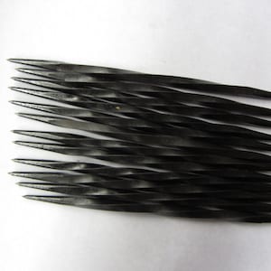 May include: A set of 10 black twisted metal skewers. The skewers are about 6 inches long and have a pointed tip.