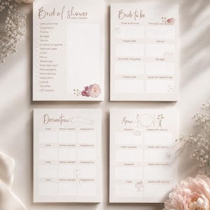 Könnte beinhalten: Vier weiße Papier-Checklisten für die Hochzeitsplanung mit Abschnitten für Datum, Thema, Budget und Menü. Florale Akzente in Rosa und Mauve schmücken die Ecken. Die Wörter "Bridal Shower", "Bride to be", "Decorations" und "Menu" sind sichtbar.