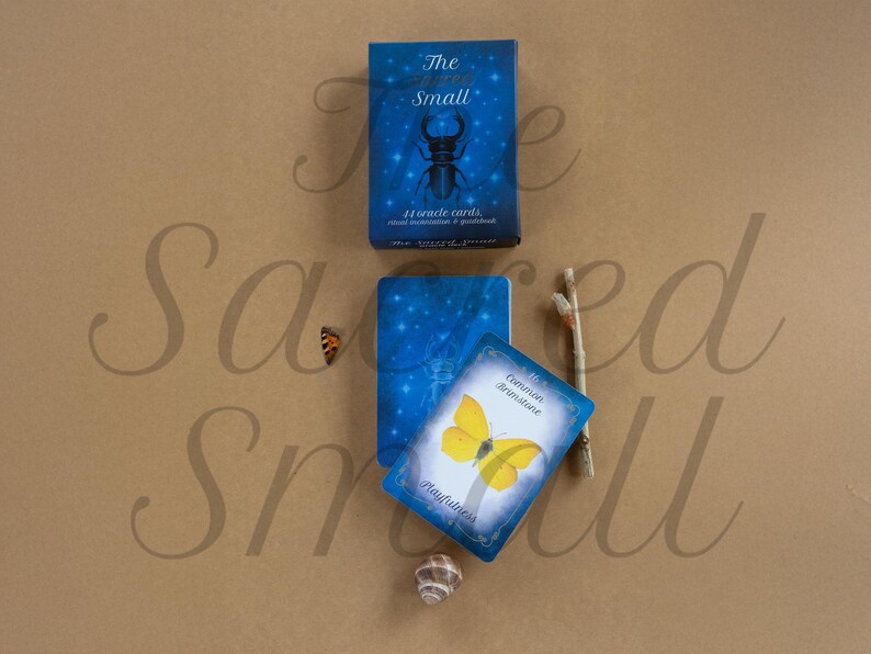 Puede incluir: Un mazo de 44 cartas or&aacute;culo titulado The Sacred Small, con una caja azul que muestra una ilustraci&oacute;n de un escarabajo. Una carta presenta una mariposa limonera amarilla con la palabra Playfulness. Incluye una peque&ntilde;a concha y una ramita.