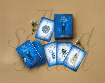 May include: The Sacred Small oracle card deck includes a blue box, a guidebook, and several cards featuring illustrations of insects and arachnids like a roly-poly, longhorn beetle, jumping spider, and cicada, accented by small white flowers.