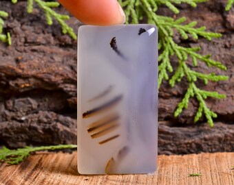 Puede incluir: Un cabujón de ágata blanca con inclusiones dendríticas marrones. El cabujón es rectangular y tiene una superficie lisa y pulida.